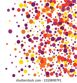 Round multicolored confetti on a white background. Flying red, pink, yellow, purple circles.