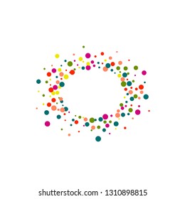 Round multicolored confetti on a white background. Flying blue, pink, green, red circles. Festive background.