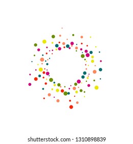 Round multicolored confetti on a white background. Flying blue, pink, green, red circles. Festive background.