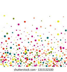 Round multicolored confetti on a white background. Flying blue, pink, green, red circles. Festive background.