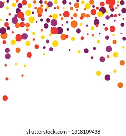 Round multicolored confetti on a white background. Flying red, pink, yellow, purple circles.