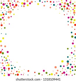 Round multicolored confetti on a white background. Flying blue, pink, green, red circles. Festive background.