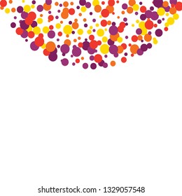 Round multicolored confetti on a white background. Flying red, pink, yellow, purple circles.