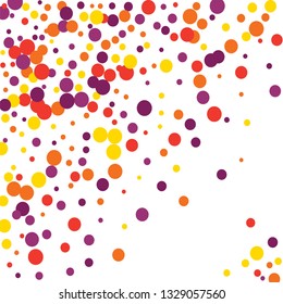 Round multicolored confetti on a white background. Flying red, pink, yellow, purple circles.