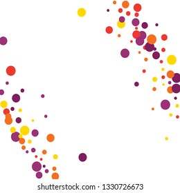 Round multicolored confetti on a white background. Flying red, pink, yellow, purple circles.