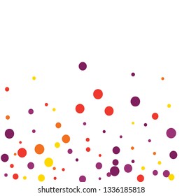 Round multicolored confetti on a white background. Flying red, pink, yellow, purple circles.