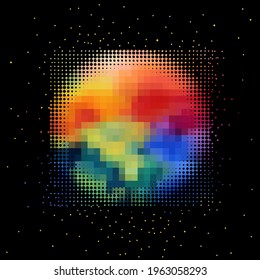 Round multicolored frame of halftone. Rainbow abstraction from squares. Vector illustration