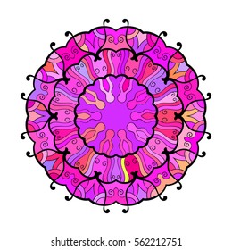 Round multicolored magenta mandala, Isolated design element, Vector illustration