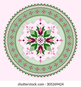 Round multi-colored pattern. Ornate floral element for design. Mandala. Traditional background of light green color. 
