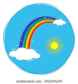 Icono redondo multicolor del arco iris, brillantes estrellas sol y nubes sobre un fondo azul del cielo. Ilustración vectorial, estilo de dibujos animados.
