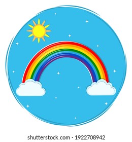 Round multicolored rainbow icon, shining stars sun and clouds on a blue sky background. Vector illustration, cartoon style.