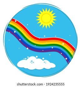 Round multicolored rainbow icon, shining stars sun and clouds on a blue sky background. Vector illustration, cartoon style.