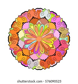 Mandala vermelha multicolorida redonda, Elemento de design isolado, Ilustração vetorial