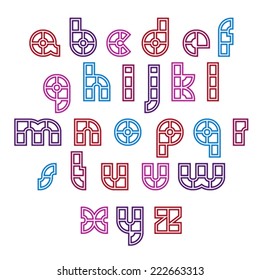 Round multicolored technical small characters created from sections and parts, bright vector industrial font. 