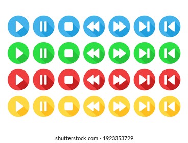 Conjunto de botones de control de música redonda. Botones planos de color circular aislados en blanco. 