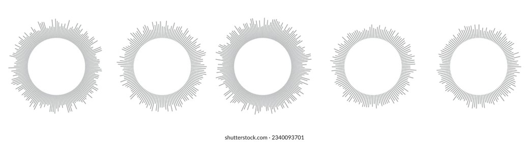 Round Music Wave Graphics. Spiral line patterns depicting sound and radio circular icons. Rhythmic blend of waves. Flat illustrations isolated on white background.