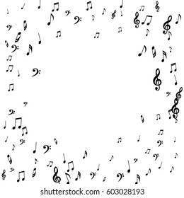 Round Musical Frame of Notes, Bass Clefs and Treble Clefs. Black Musical Symbols of Different Size on White Background