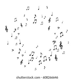 Round Musical Frame of Notes, Bass Clefs and Treble Clefs. Black Musical Symbols of Different Size on White Background