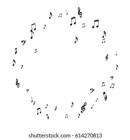 Round Musical Frame of Notes, Bass Clefs and Treble Clefs. Black Musical Symbols of Different Size on White Background