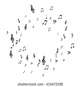 Round Musical Frame of Notes, Bass Clefs and Treble Clefs. Black Musical Symbols of Different Size on White Background