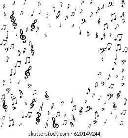 Round Musical Frame of Notes, Bass Clefs and Treble Clefs. Black Musical Symbols of Different Size on White Background