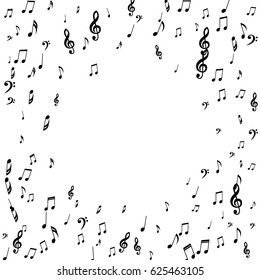 Round Musical Frame of Notes, Bass Clefs and Treble Clefs. Black Musical Symbols of Different Size on White Background