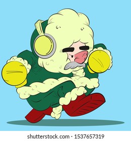 Round mustache eskimo running on ice with snow clothes