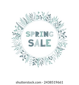 Round Natural Botanical Frameisolated on white. Spring Sale template. Floral green border in Scandinavian style. Seasonal flat design Background. Template for Poster Discount Offer promotion Design