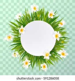 Round natural frame with grass and flowers, can be used as invitation card for wedding, birthday and other holiday and eco, natural, summer, spring background. Round place for text. Vector eps10