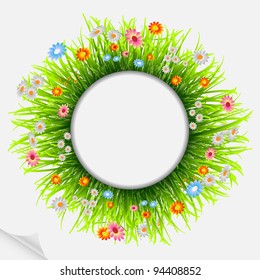 Round natural frame with grass and flowers.Vector eps10