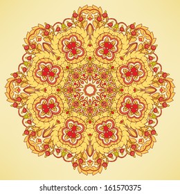 round natural orange abstract pattern with red flowers and yellow leaves 