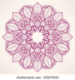 round natural purple abstract pattern with leaves on a beige background. vector illustration 