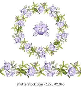 Round natural wreath or frame of branches with delicate flowers of orchids cattleya on a white background, hand-drawn.