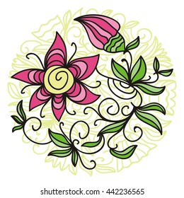 Round nature decorative element with beautiful flower. Vector illustration.