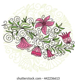 Round nature decorative element with beautiful flower. Vector illustration.