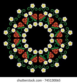 Round nature frame with strawberry and flower embroidery stitches imitation. Red strawberry fashion print.