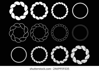 Round nautical rope with knot frame black monochrome line vector illustration. Twisted circle border decoration curve circular strong string. Rope vector. Rope design. 