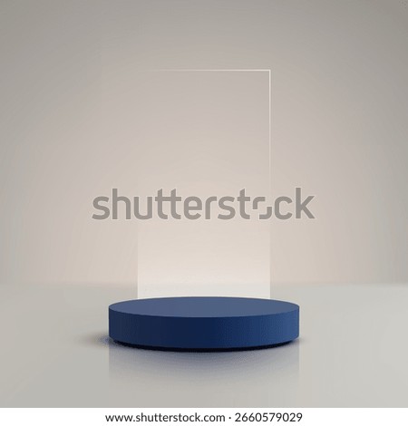 round navy blue 3d podium stands in front of a clear vertical panel on a beige reflective surface for product showcase and luxury branding concepts in a minimal studio setting