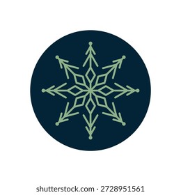 Icono redondo de la etiqueta engomada del copo de nieve azul marino con el contorno en estilo fresco del ornamento. Símbolo de invierno y diseño de vacaciones de Navidad como etiqueta de círculo para caja de Navidad con tema frío de temporada.