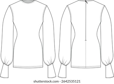round neck balloon flounce long sleeve zippered mini short bodycon fit dress gown template technical drawing flat sketch cad mockup fashion woman design style model 