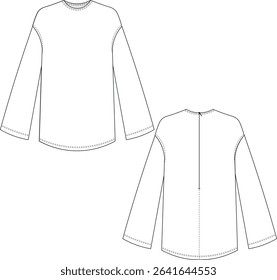round neck bell loose kimono long sleeve short mini straight tent dress template technical drawing flat sketch cad mockup fashion woman design style model 