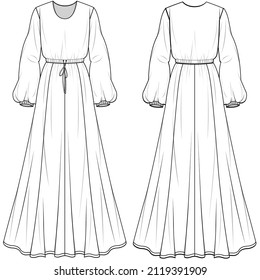 Round Neck Bishop Sleeve Flared Maxi Dress with string bow, Abaya, Modesty Dress Front and Back View. fashion illustration vector, CAD, technical drawing, flat drawing.