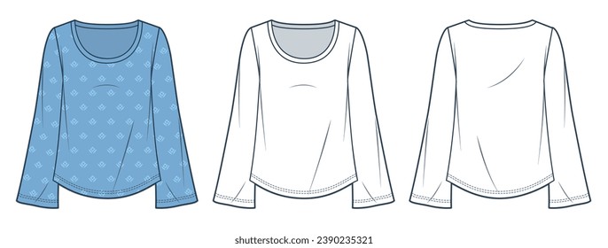 Round Neck Blouse technical fashion illustration. Bell Sleeve Shirt fashion flat technical drawing template, relaxed fit, front and back view, white, blue, women Top CAD mockup set.