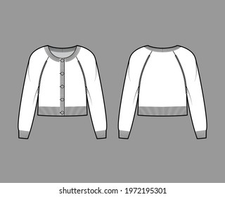 Round neck cardigan cropped sweater technical fashion illustration with long raglan sleeves, relax body, knit rib cuff. Flat jumper apparel front, back, white color style. Women, men unisex CAD mockup