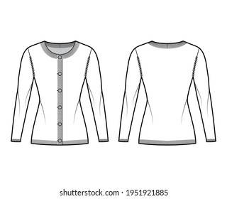 Round neck cardigan sweater technical fashion illustration with long sleeves, fitted body, hip length, knit rib cuff. Flat jumper apparel front, back, white color style. Women, men unisex CAD mockup