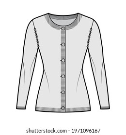 Round neck cardigan sweater technical fashion illustration with long sleeves, fitted body, hip length, knit rib cuff. Flat jumper apparel front, white grey color style. Women, men unisex CAD mockup