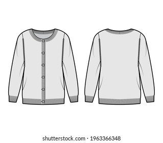 Round neck cardigan technical fashion illustration with button closure, long sleeves, oversized, hip length, knit rib trim. Flat Sweater apparel front, back, grey color style. Women, unisex CAD mockup