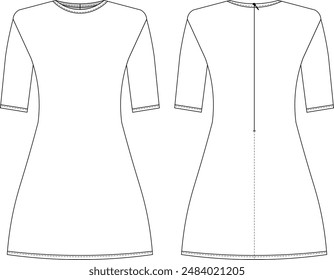 cuello redondo cuello redondo media manga manga corta manga 3-4 una línea campana vestido corto Plantilla dibujo técnico plano sketch cad mockup moda mujer diseño estilo modelo 