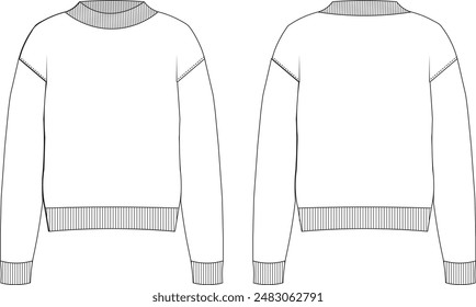 round neck crew neck long sleeve ribbed drop shoulder Sweater Jumper Technical Drawing Flat Sketch
