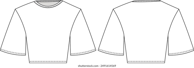 round neck crew neck loose short sleeve fit cropped crop top t-shirt tee blouse template technical drawing flat sketch cad mockup fashion woman design style model 